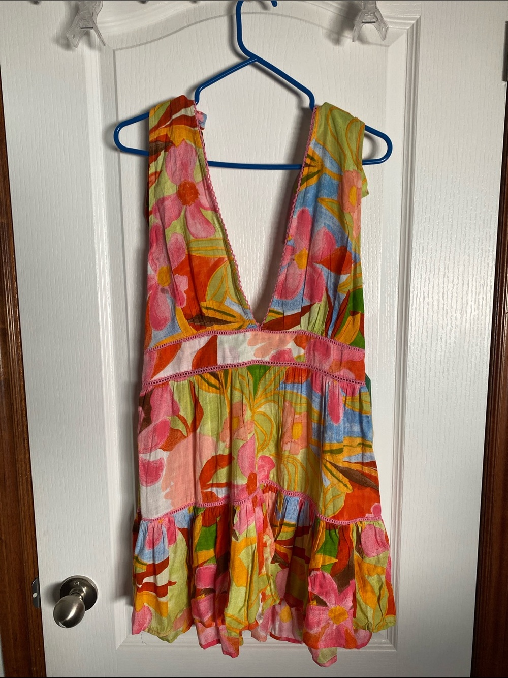 Floral V-Neck Tiered Mini Dress in Pink, Green & Orange